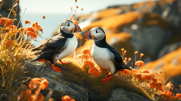 A beautiful puffin pair perching on a branch looking at camera