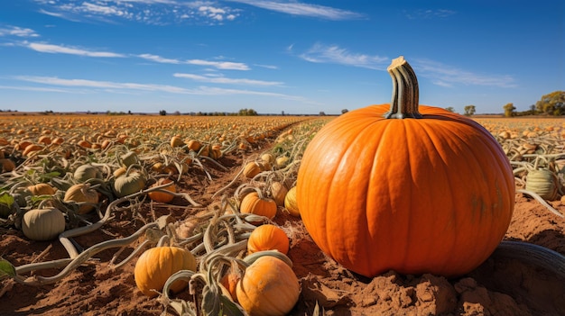 Beautiful pumpkin field patch and large pumpkin on foreground Field of pumpkins ready to harvest Concept of Thanksgiving and Halloween