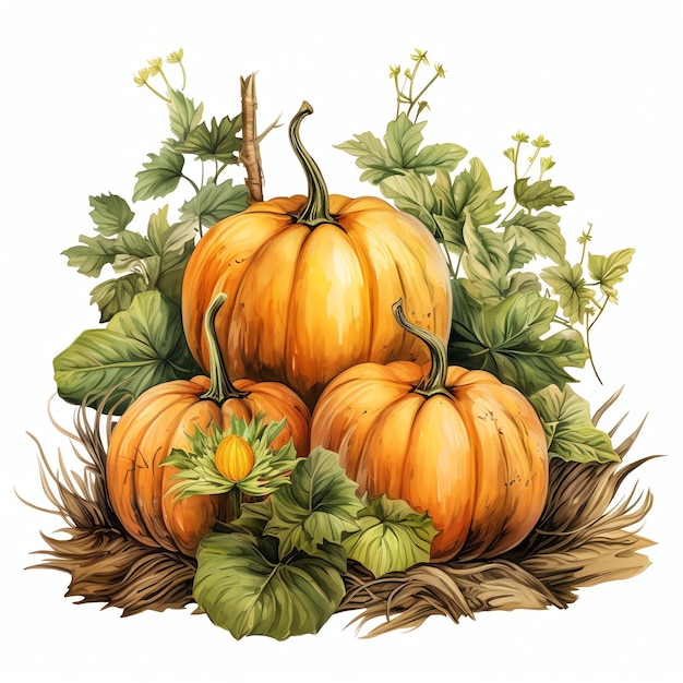 Beautiful pumpkins nestled in the foliage watercolor clipart illustration