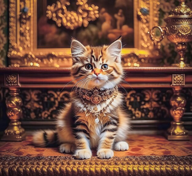 A beautiful purebred kitten in a richly decorated ancient royal interior