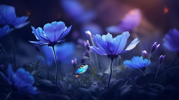 Beautiful purple blue butterfly on a anemone forest