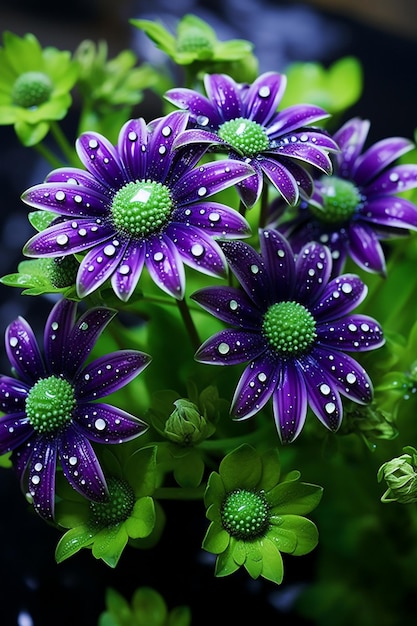 Foto bellissimi fiori di margherita viola con gocce d'acqua sui petali