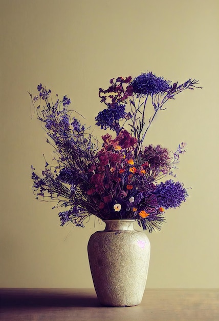 Красивый фиолетовый букет сухих цветов в вазе на бледно-желтом фоне