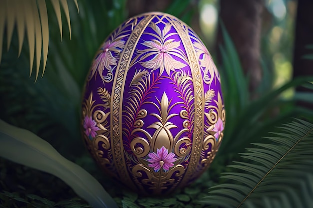 Beautiful purple egg in gold painting in palm leaves Generative AI