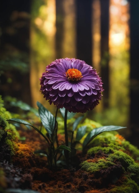 A beautiful purple flower in a dark forest in the style of hyperrealistic sculptures dark orange