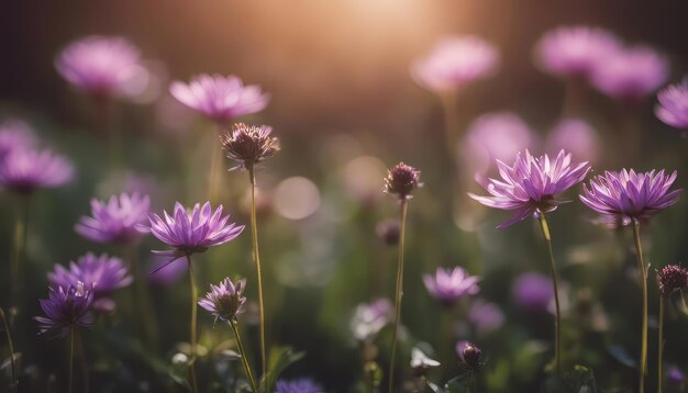 Beautiful purple flowers blooming in the meadow with sunlight