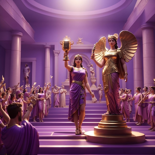 beautiful and purple Golden or goddess is holding a trophy people souround for wallpaper and designs