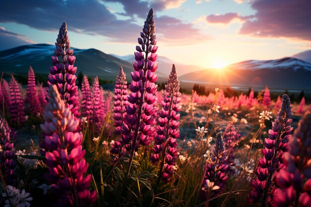 beautiful purple lupines in the garden at dusk