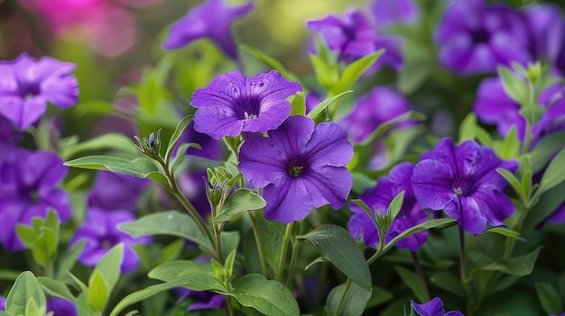 Photo beautiful purple mexican petunia flower and leaf in nature flora and floral beauty of ruellia