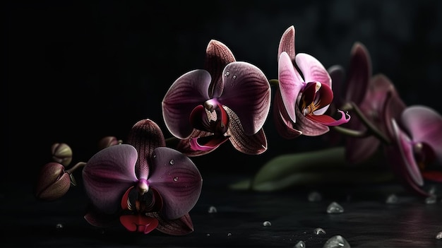 Красивая фиолетовая орхидея с каплями воды на черном фоне.
