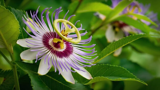 緑の葉を持つ美しい紫の花びらのあるパッションフラワー