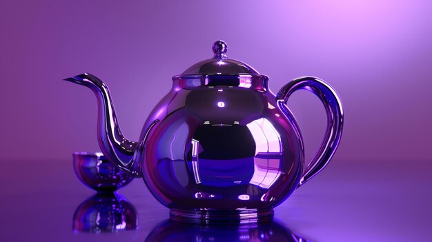 Photo a beautiful purple teapot and teacup sit on a reflective surface