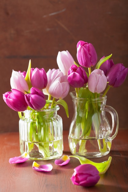 Beautiful purple tulip flowers bouquet in vase