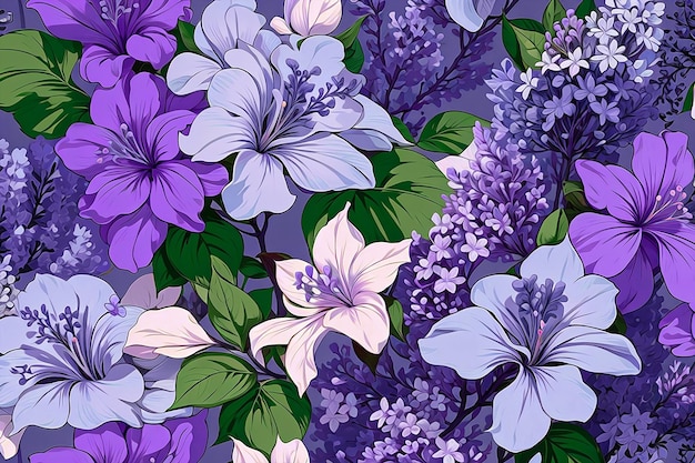 A beautiful purple and white floral pattern with leaves