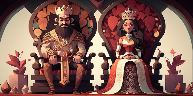 The beautiful Queen of Hearts and the handsome bearded King of Diamonds wearing crowns seated in a royal audience room wallpaper