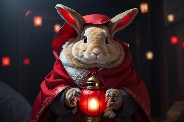 Foto bellissimo coniglio con un mantello rosso che tiene una lanterna rossa