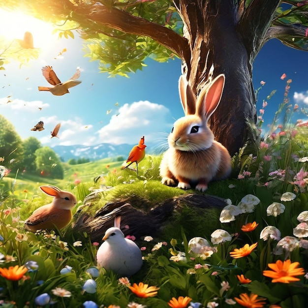 Beautiful rabbits and birds in the flower garden