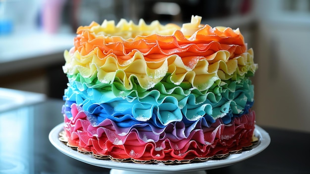 Photo a beautiful rainbow cake with seven layers of different colored frosting