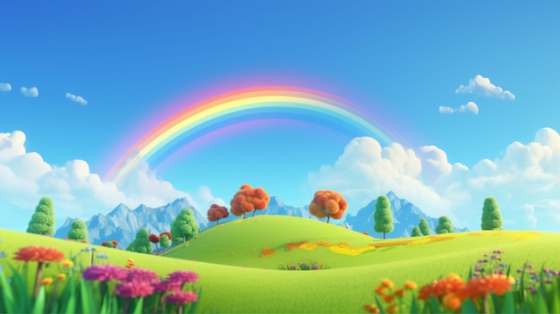 Beautiful rainbow and green field with different color trees and blue sky with clouds