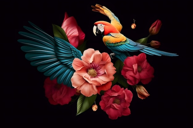 Beautiful rainbow parrots and flowers on a black background neural network ai generated