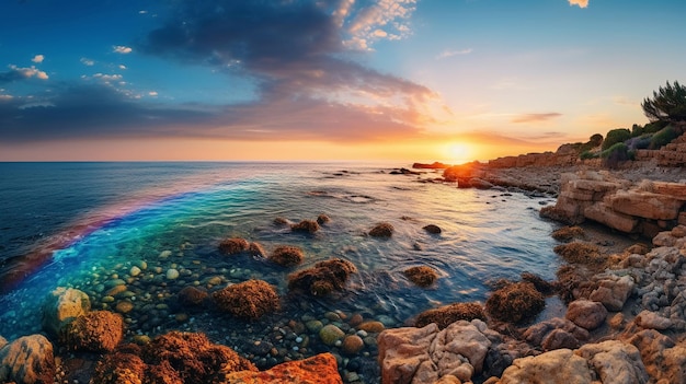 Foto bellissimo arcobaleno sul mare al tramonto cielo campo selvaggio e fiori campo paesaggio naturale