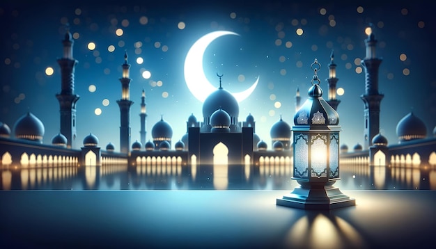 Beautiful ramadan background with a lantern and mosque at blue color night