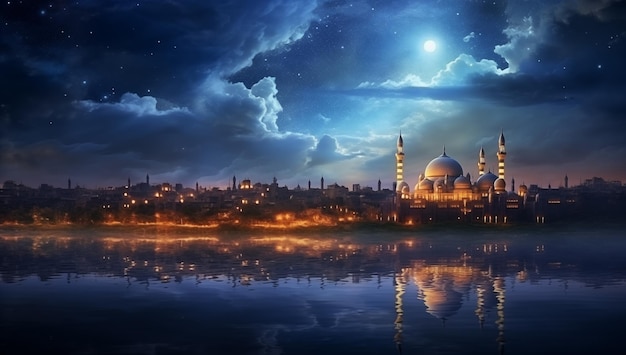 Фото Прекрасный баннер рамадана с мечетью на побережье на заднем плане неба с луной