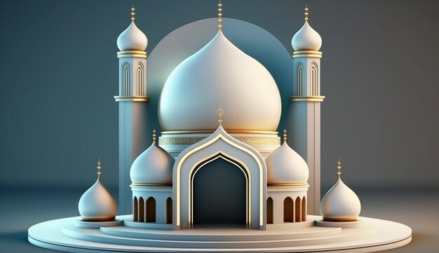 beautiful Ramadan islamic scene with golden 3d realistic mosque stage and podium generative ai