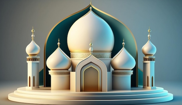 Beautiful ramadan islamic scene with golden 3d realistic mosque stage and podium generative ai