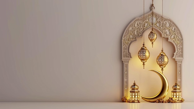 beautiful Ramadan Kareem greeting scene with golden elements on a light background