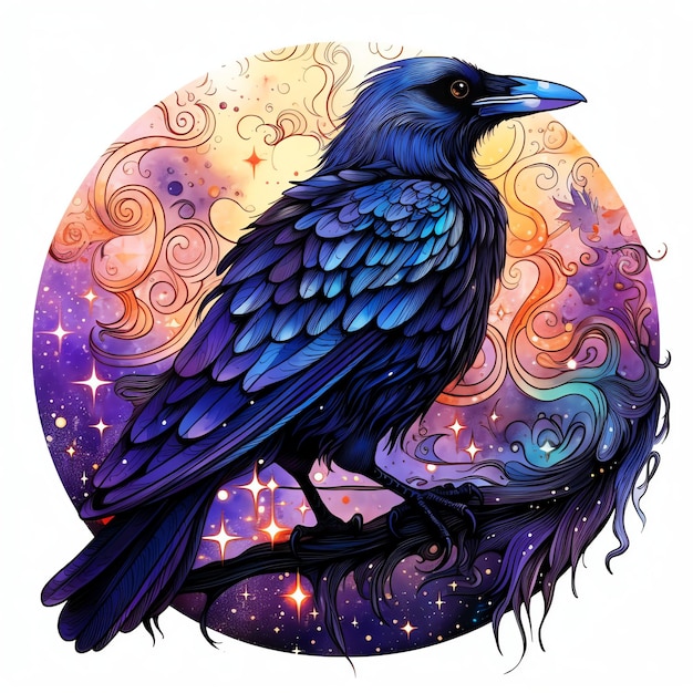 beautiful Raven familiar fantasy watercolor fairytale clipart illustration