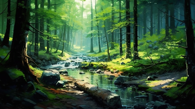 Beautiful rays of sunlight in a green forest Generative ai