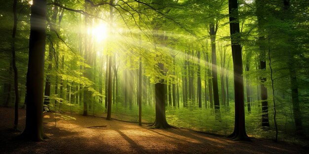 Beautiful rays of sunlight in a green forest Generative AI