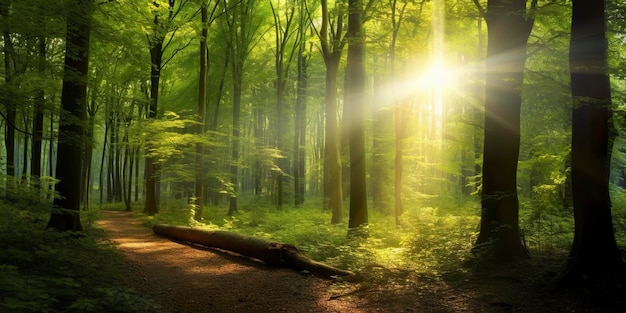 Beautiful rays of sunlight in a green forest Generative AI