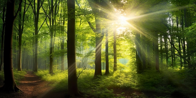 Beautiful rays of sunlight in a green forest Generative AI