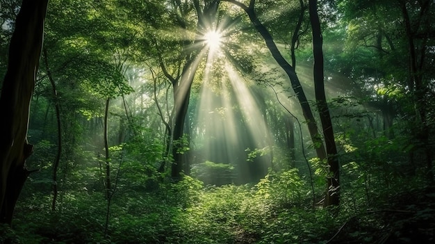 Beautiful rays of sunlight in a green forest