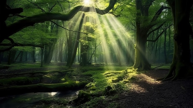 Beautiful rays of sunlight in a green forest