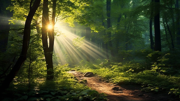 Beautiful Rays of Sunlight in a Green Forest