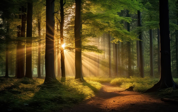 Beautiful rays of sunlight in a green forest