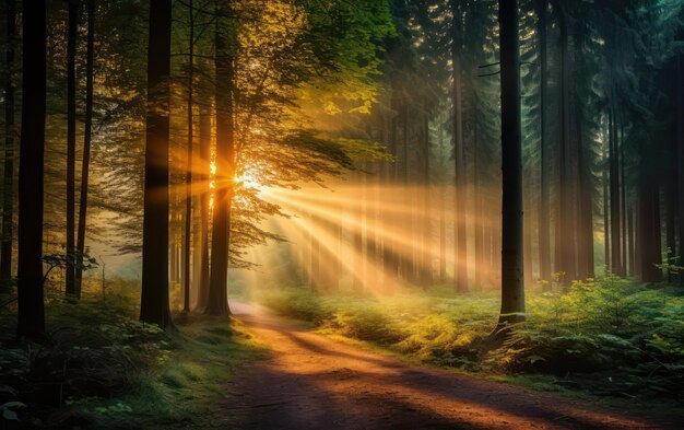 Beautiful rays of sunlight in a green forest