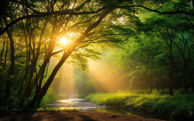 Beautiful rays of sunlight in a green forest