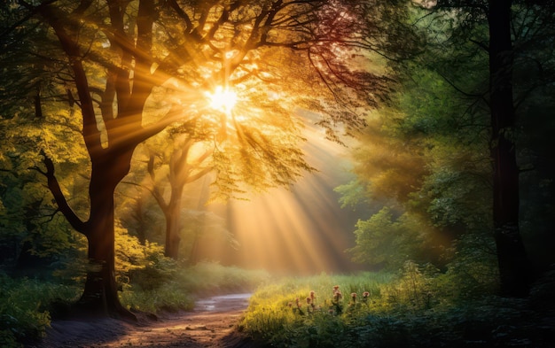 Beautiful rays of sunlight in a green forest