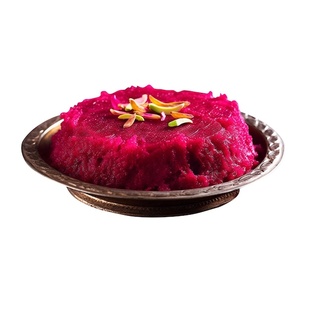 Beautiful readytoeat Pink Rava Kesari mound in a white background