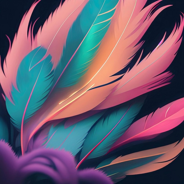 Beautiful Real feathers trend color pink coral and blue on pink background closeup