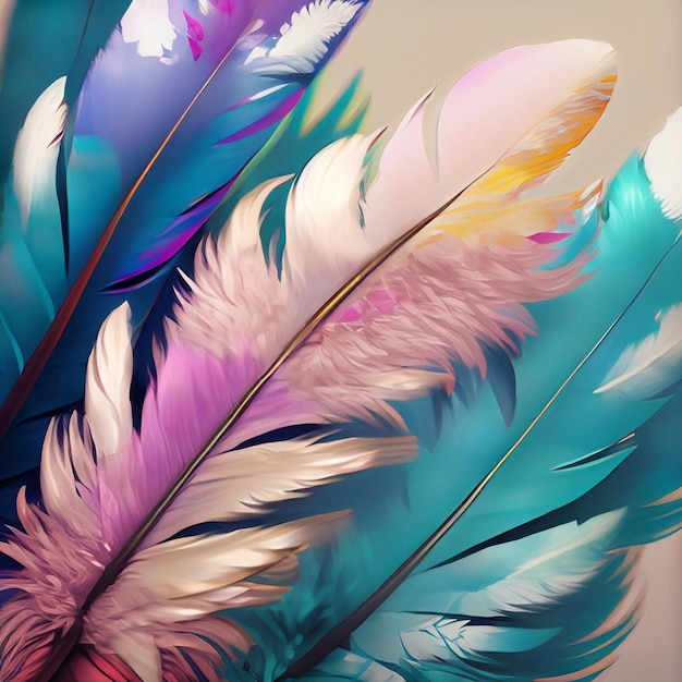 Beautiful Real feathers trend color pink coral and blue on pink background closeup