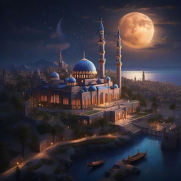 Beautiful real Mosque Ramadan kareem 3d ai generated