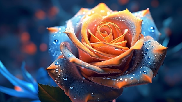 beautiful realistic blue and orange rose closeup generative AI