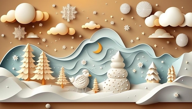 Beautiful realistic Christmas background with cloud snowman and tree Generative AI