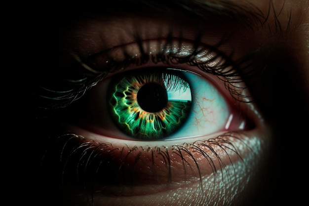 Красивый реалистичный крупный план человеческого глаза, снятый с помощью генеративного ИИ с экстремальным масштабированием