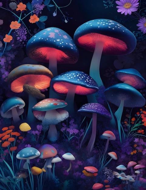 A beautiful realistic colorful mushroom garden with beautiful background ai generated